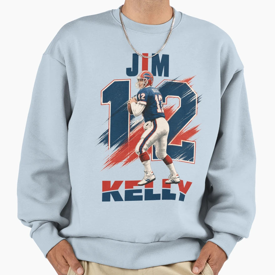 Jim Kelly 12 Buffalo Football Sweatshirt - Fun Novelty Design for Adults - T-Shirt, Sweatshirt, Hoodie