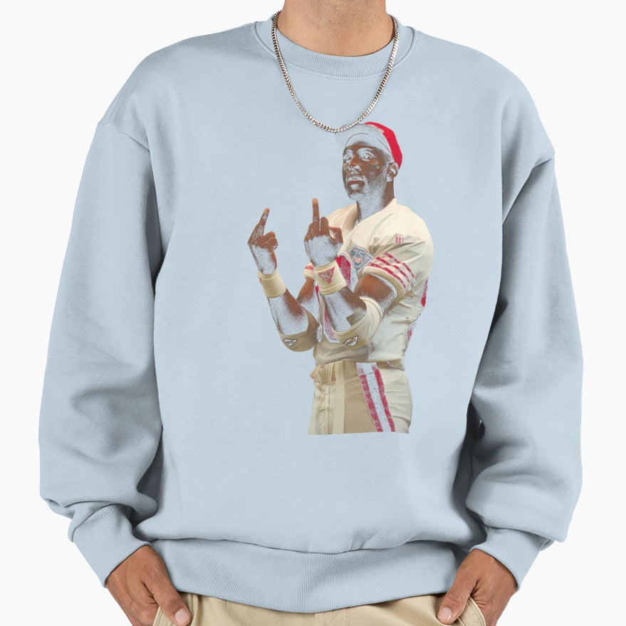 Memem Middle Finger Jerry Rice White Sweatshirt - Unique Graphic for Adults - T-Shirt, Sweatshirt, Hoodie