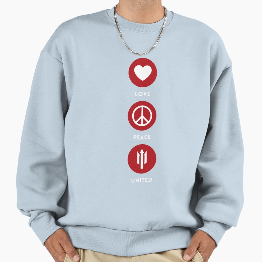 Love Peace United Vertical Red White Sweatshirt - Trendy Graphic for Adults - T-Shirt, Sweatshirt, Hoodie