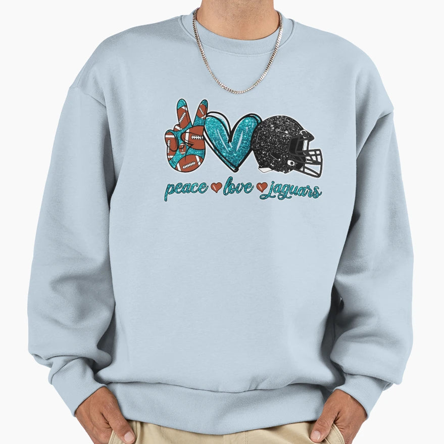 Peace Love Jaguars Football Team Sweatshirt - Unique Graphic Men Women - T-Shirt, Sweatshirt, Hoodie