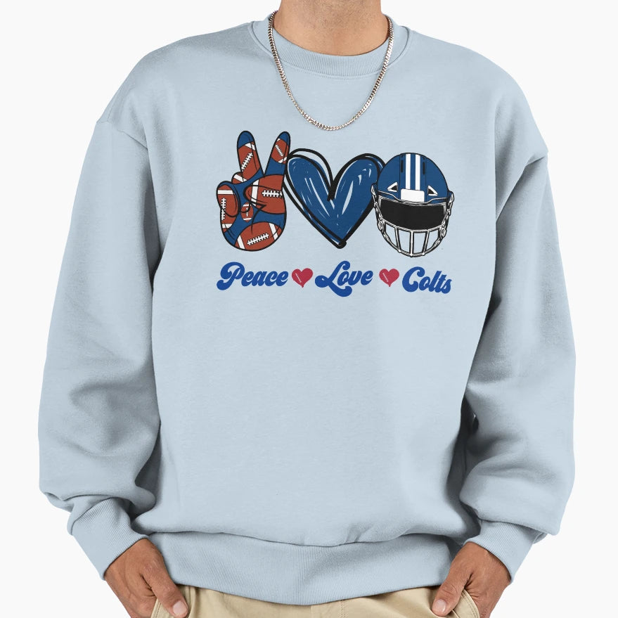 Peace Love Colts Football Team Sweatshirt - Trendy Graphic for Adults - T-Shirt, Sweatshirt, Hoodie