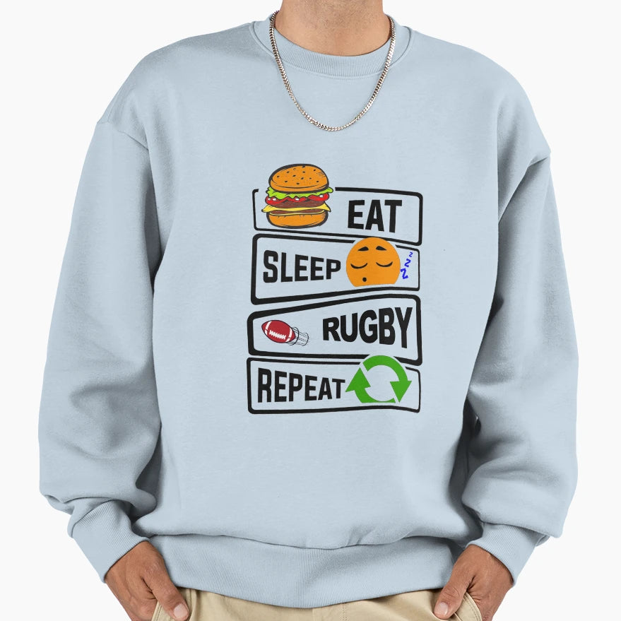 Eat Sleep Rugby Repeat Illustration Sweatshirt - Aesthetic Graphic Unisex - T-Shirt, Sweatshirt, Hoodie