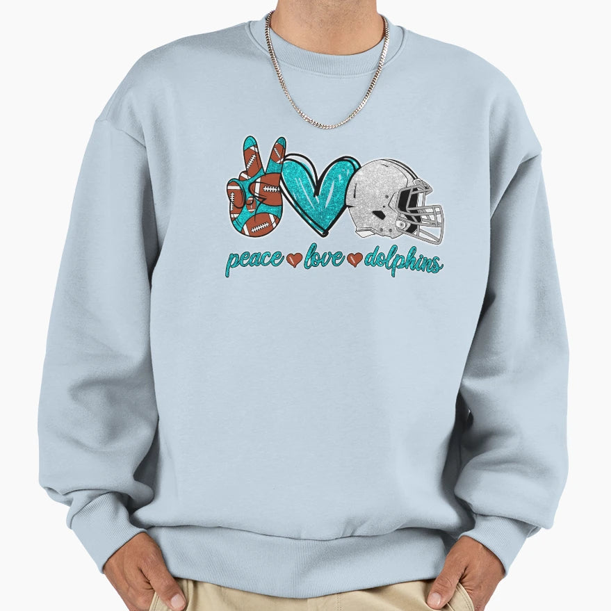 Peace Love Dolphins Football Team Sweatshirt - Aesthetic Graphic for Adults - T-Shirt, Sweatshirt, Hoodie