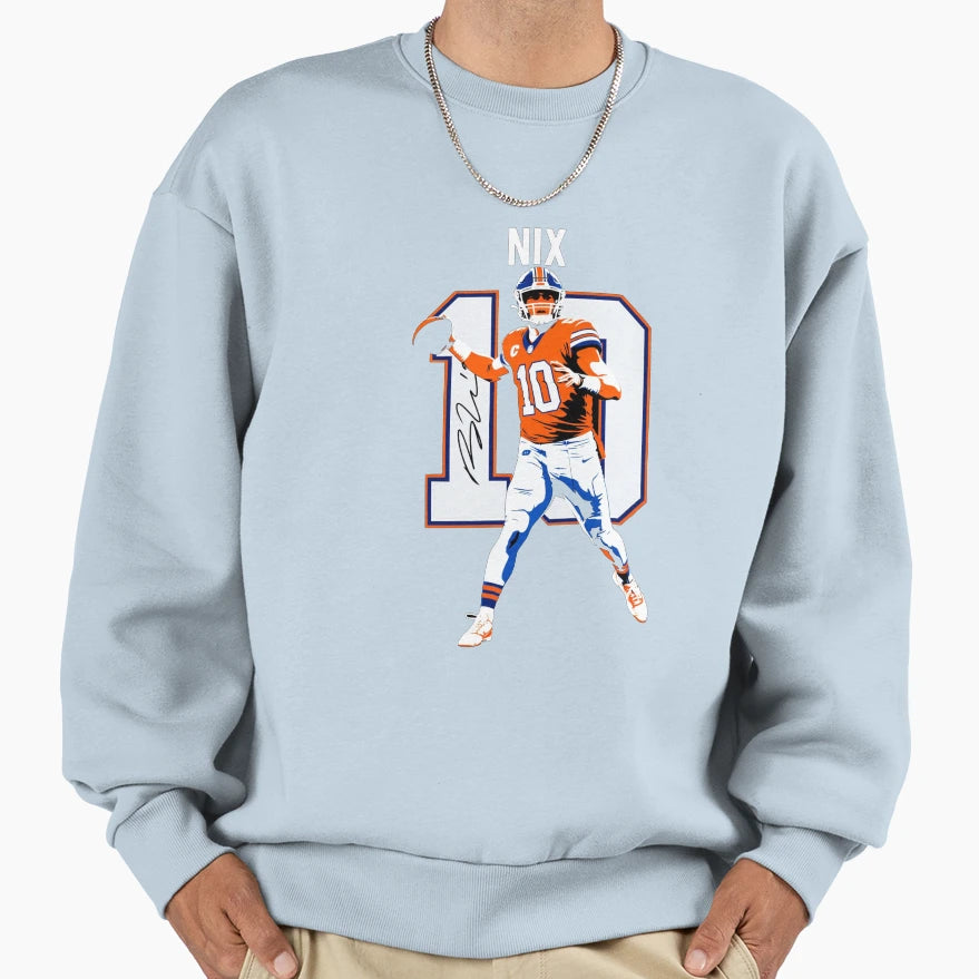 Bo Nix Denver 10 Football Art Sweatshirt - Novelty Apparel for Adults - T-Shirt, Sweatshirt, Hoodie