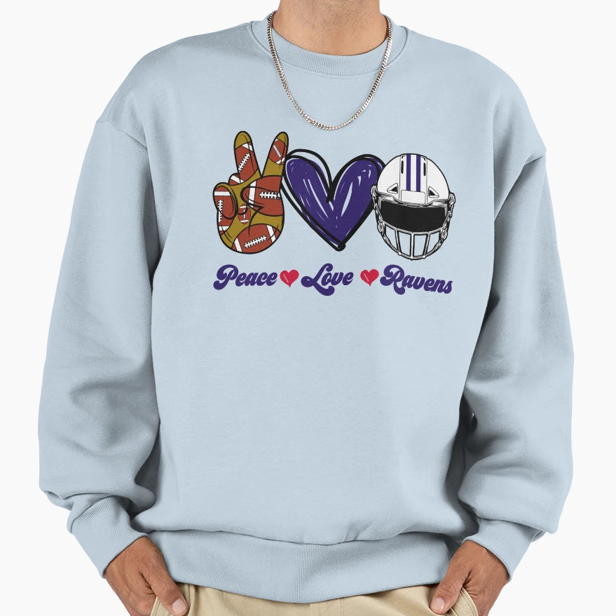 Peace Love Ravens Football Team Sweatshirt - Minimalist Print for Adults - T-Shirt, Sweatshirt, Hoodie