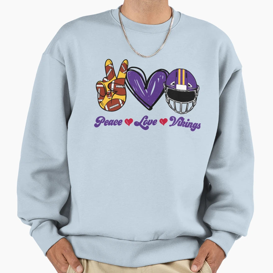 Peace Love Vikings Football Team Sweatshirt - Custom Art Print for Adults - T-Shirt, Sweatshirt, Hoodie
