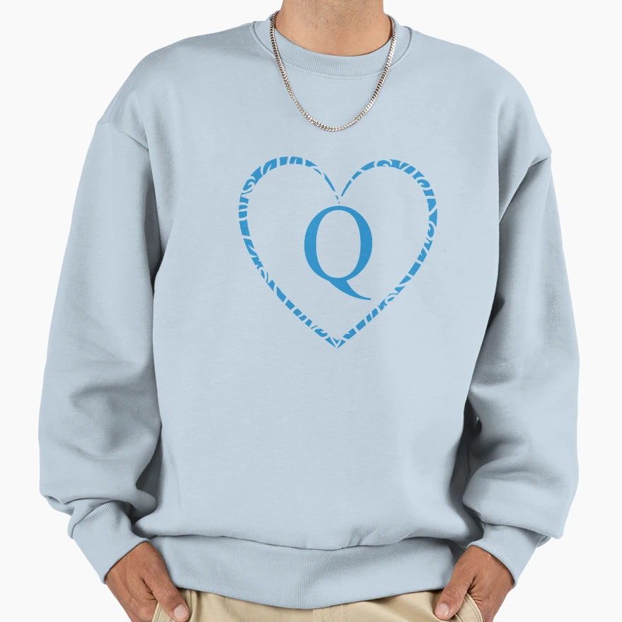 Blue Heart Monogram Letter Q Charm Sweatshirt - Streetwear Style Unisex - T-Shirt, Sweatshirt, Hoodie