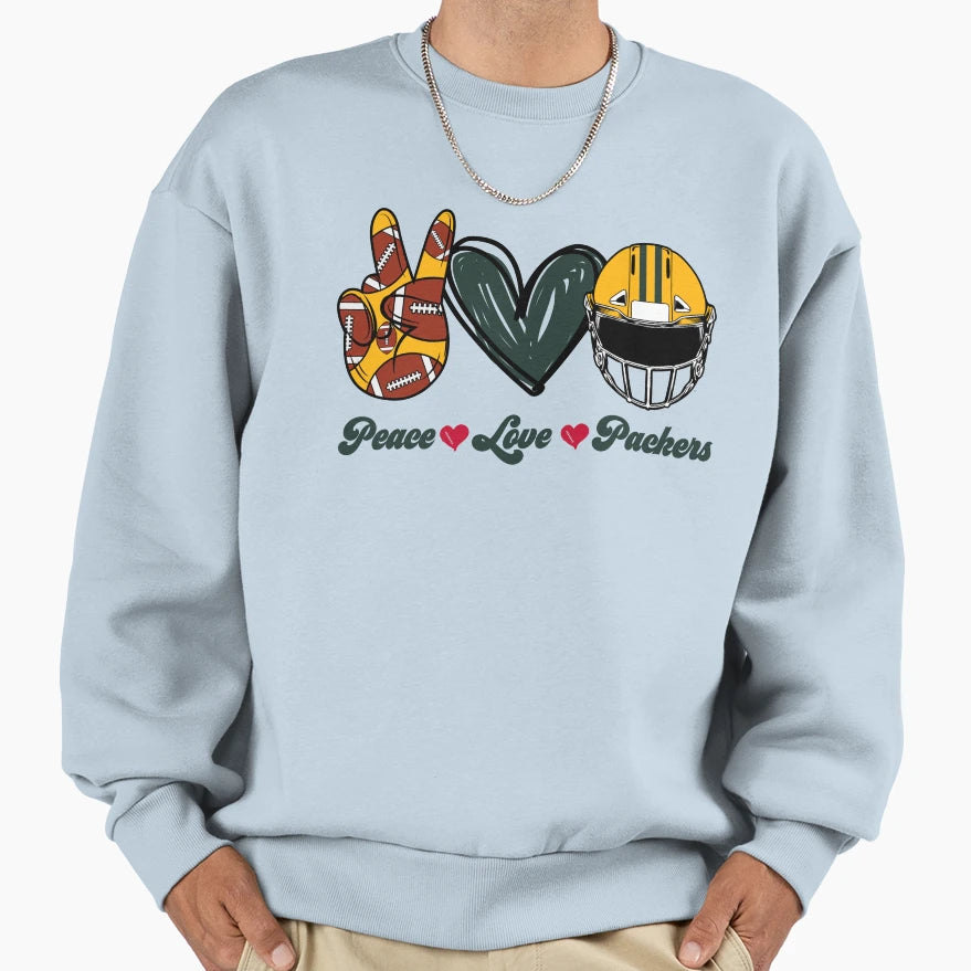 Peace Love Packers Football Sweatshirt - Casual Everyday Wear Men Women - T-Shirt, Sweatshirt, Hoodie