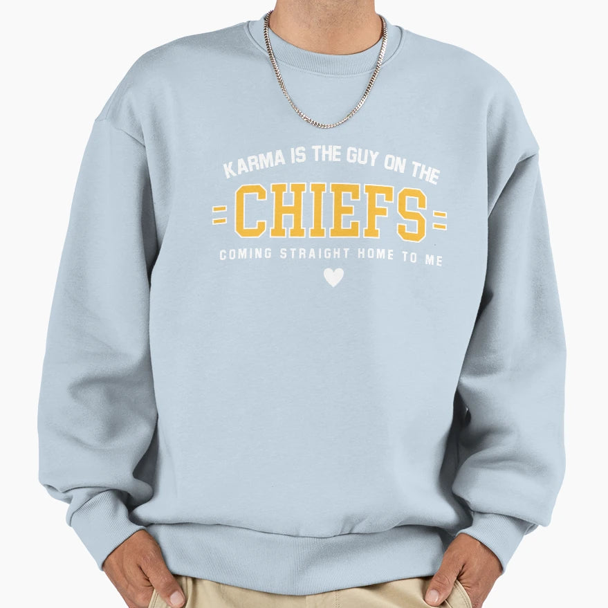 Karma Is Guy Chiefs 2023 Sweatshirt - Aesthetic Graphic Unisex - T-Shirt, Sweatshirt, Hoodie