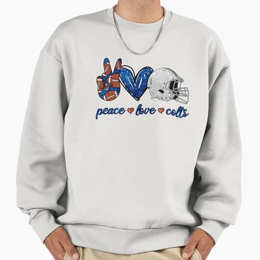 Peace Love Colts Football Team Sweatshirt - Custom Art Print Unisex - T-Shirt, Sweatshirt, Hoodie