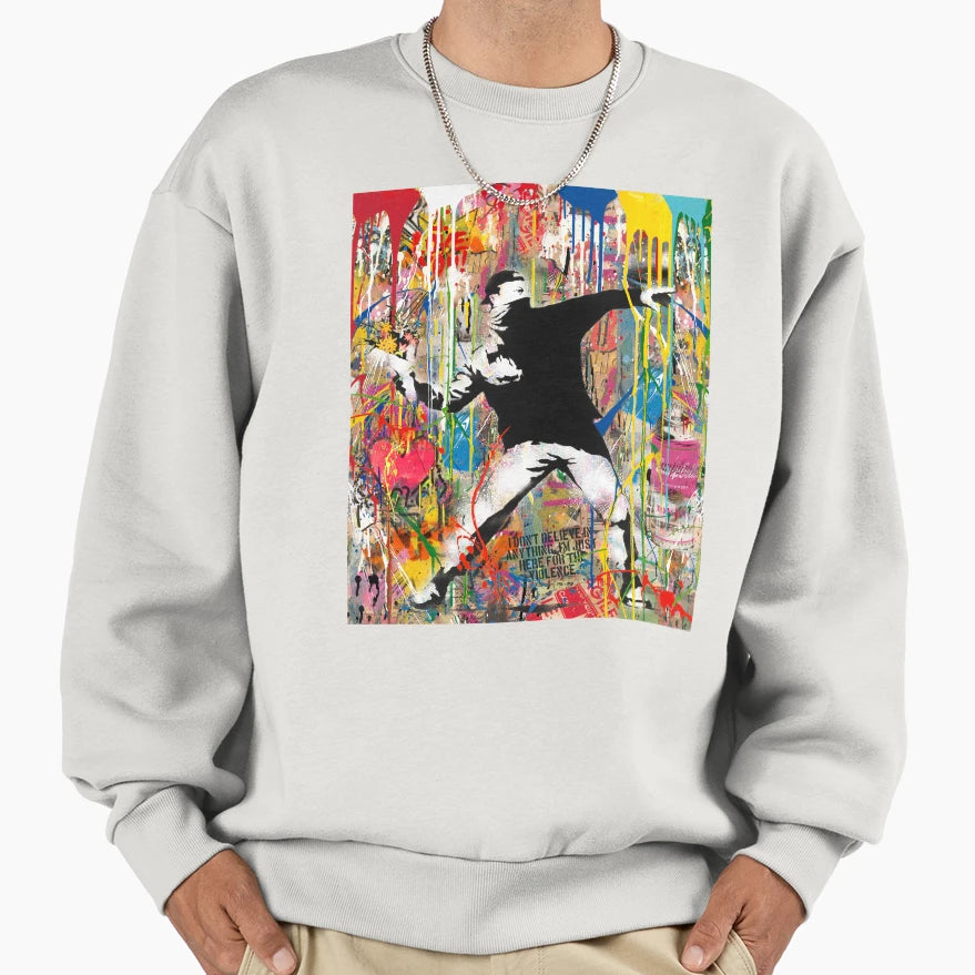 Banksy Flower Thrower Colorful Pop Sweatshirt - Aesthetic Graphic Unisex - T-Shirt, Sweatshirt, Hoodie