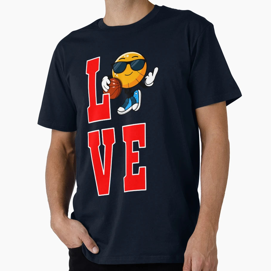 Love Basketball Bold Letter Cartoon T-Shirt - Graphic Print for Adults - T-Shirt, Sweatshirt, Hoodie
