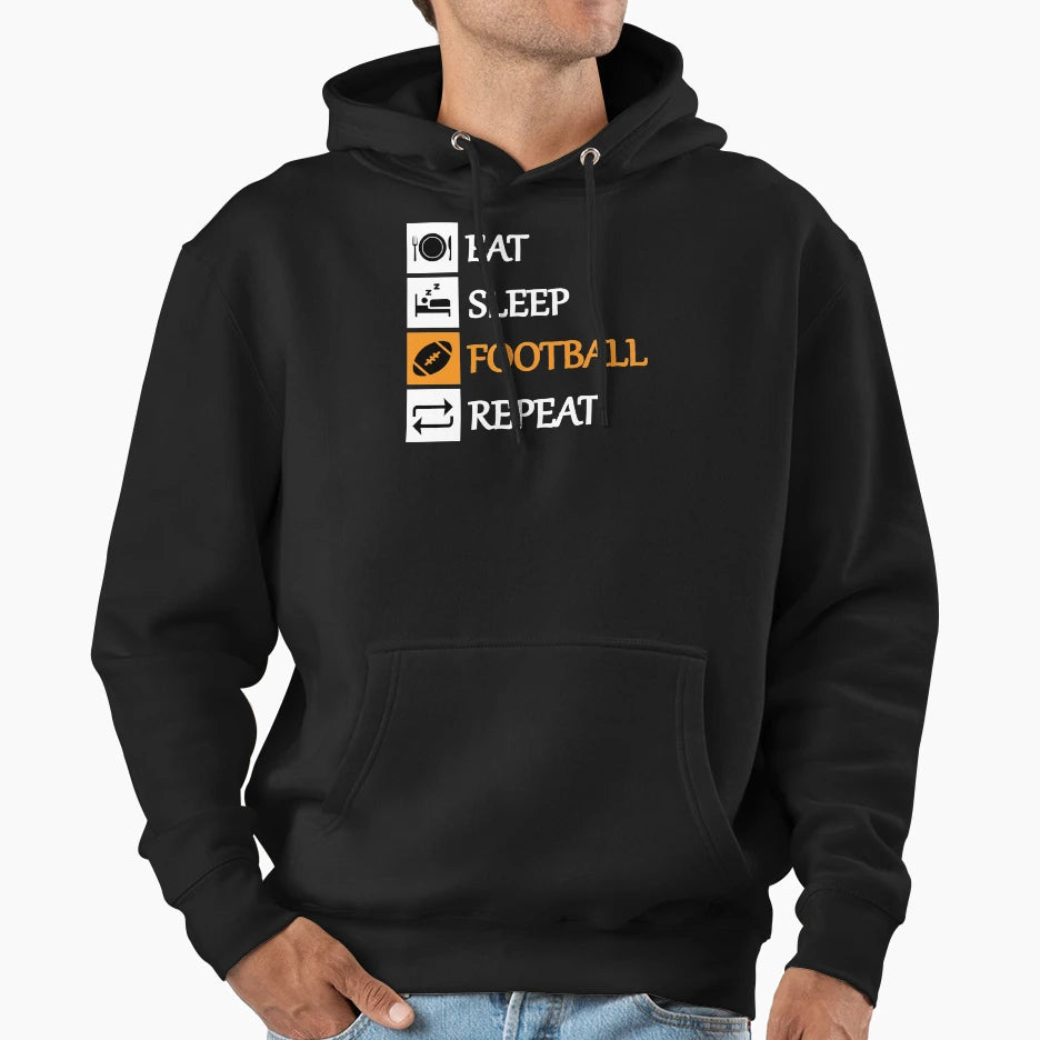 Eat Sleep Football Repeat Hoodie - Trendy Graphic for Adults - T-Shirt, Sweatshirt, Hoodie