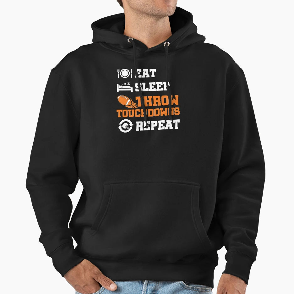 Quarterback Eat Sleep Throw Touchdown Hoodie - Trendy Graphic for Adults - T-Shirt, Sweatshirt, Hoodie
