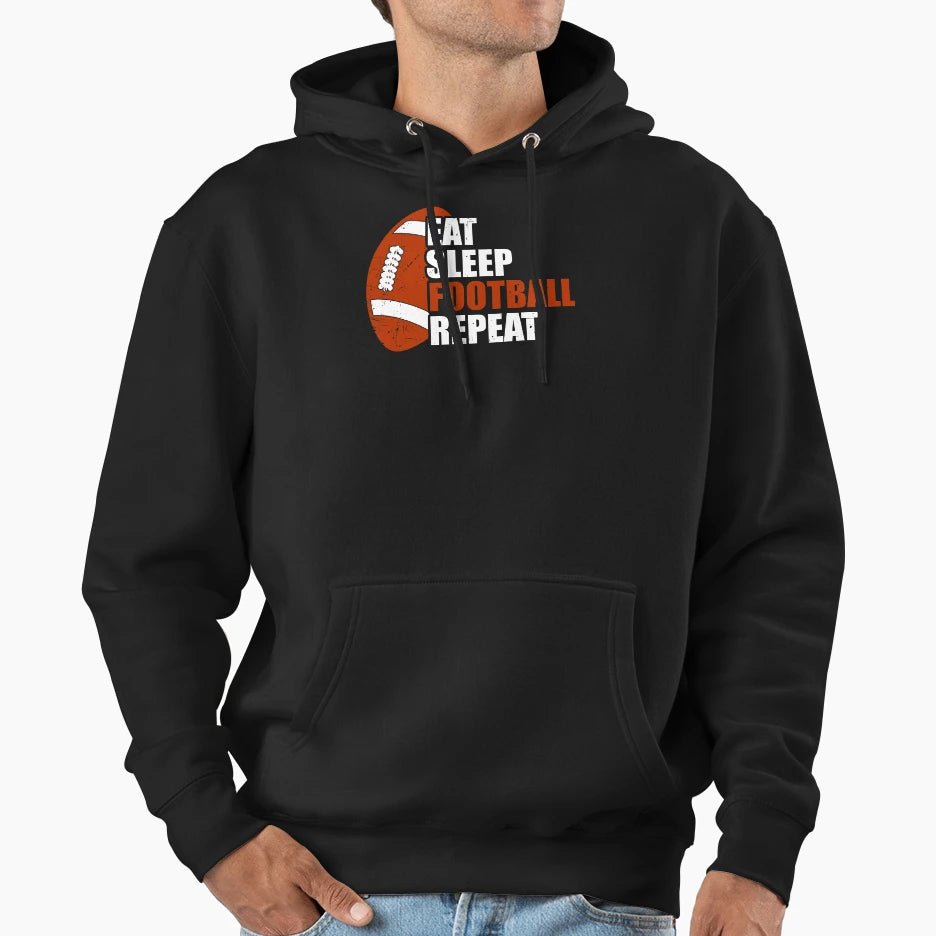 Eat Sleep Football Repeat Hoodie - Unique Graphic Men Women - T-Shirt, Sweatshirt, Hoodie