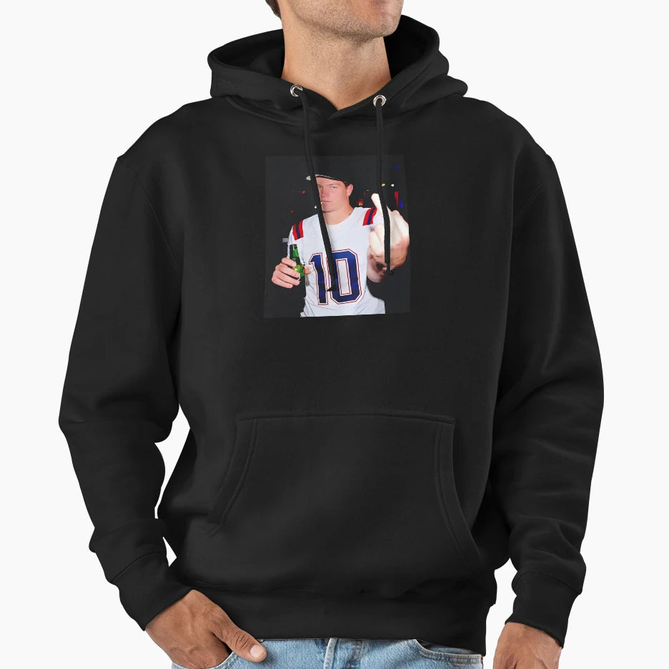 Drake Maye Flipping Bird Drinking Hoodie - Minimalist Print for Adults - T-Shirt, Sweatshirt, Hoodie