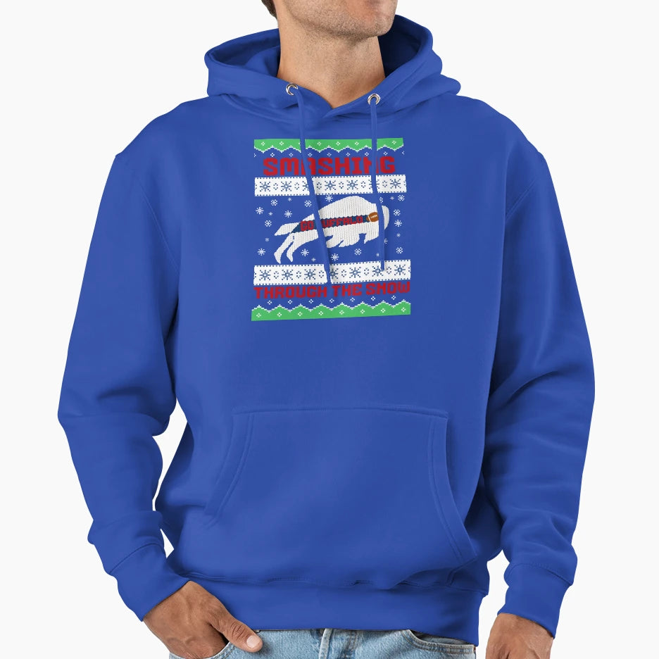 Smashing Through Snow Buffalo Football Hoodie - Unique Graphic for Adults - T-Shirt, Sweatshirt, Hoodie