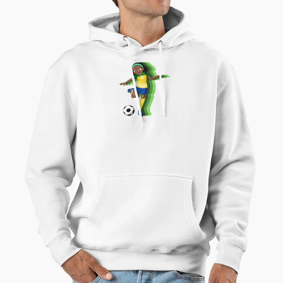 Female Soccer Player Green Background Hoodie - Graphic Print Unisex - T-Shirt, Sweatshirt, Hoodie