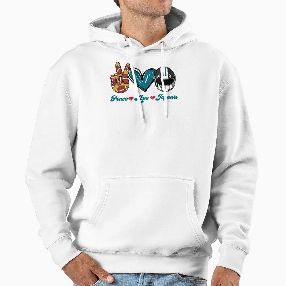 Peace Love Jaguars Football Team Hoodie - Casual Everyday Wear Men Women - T-Shirt, Sweatshirt, Hoodie