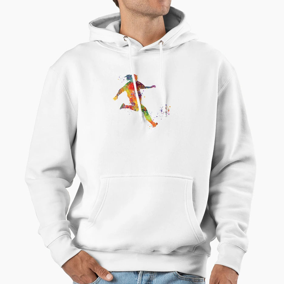 Soccer Player Kick Watercolor Silhouette Hoodie - Unique Graphic Men Women - T-Shirt, Sweatshirt, Hoodie