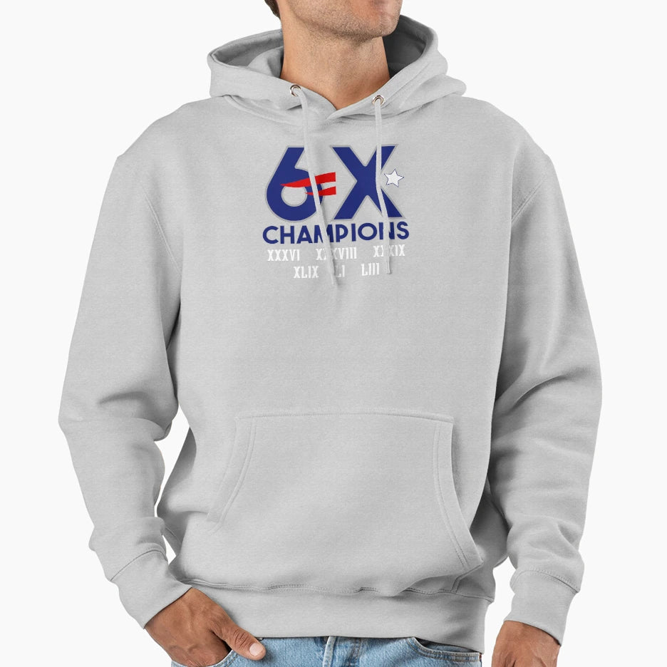 6X Champions New England Super Bowl T-Shirt - Graphic Print for Adults - T-Shirt, Sweatshirt, Hoodie