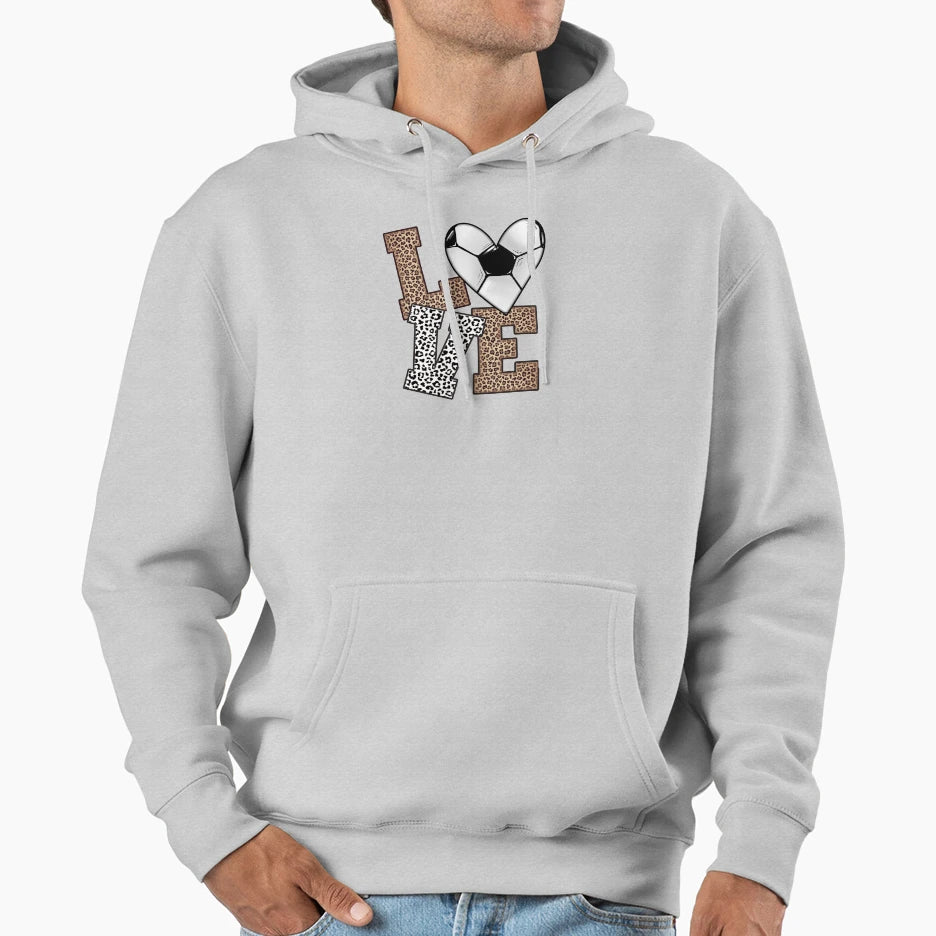 Love Soccer Heart Leopard Lettering Hoodie - Trendy Graphic for Adults - T-Shirt, Sweatshirt, Hoodie