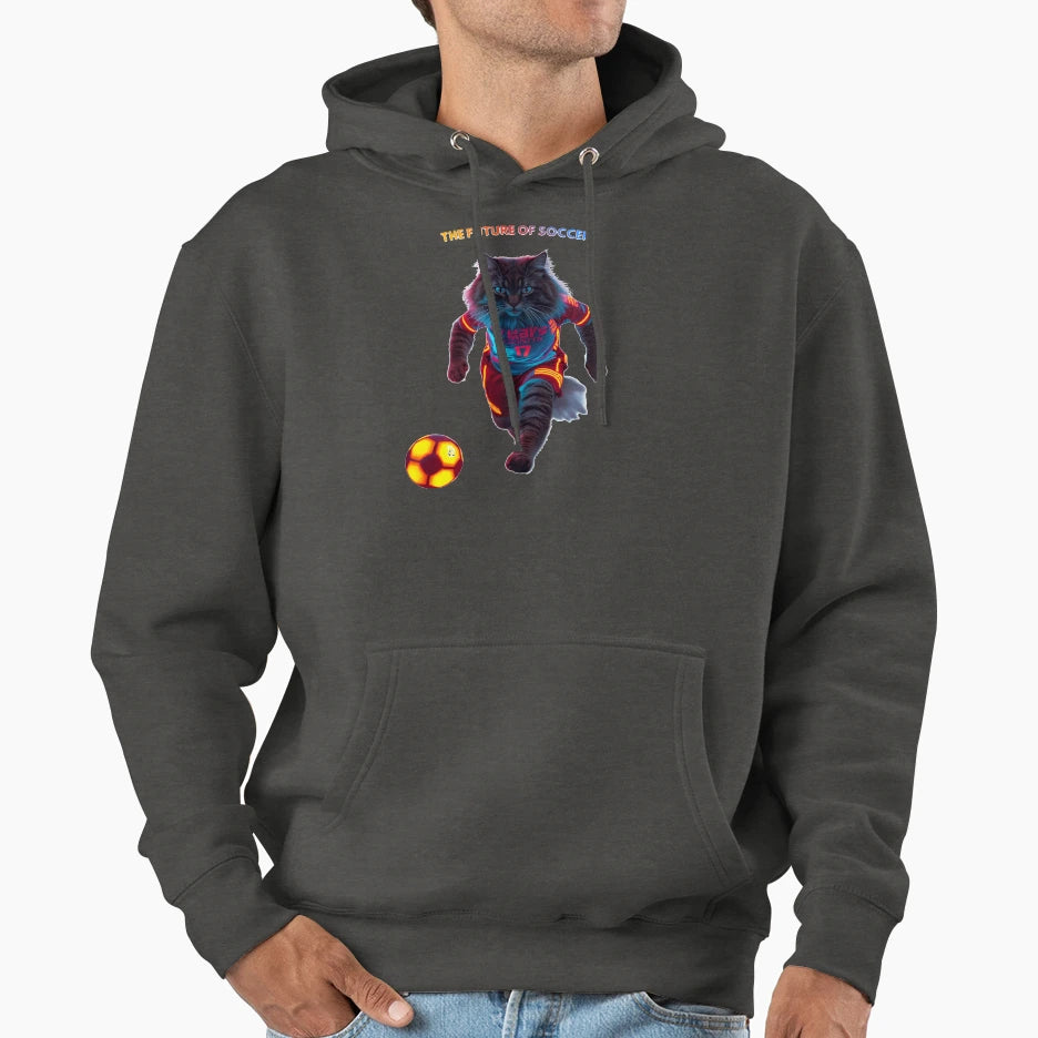 Cyberpunk Soccer Cat Neon Football Hoodie - Unique Graphic for Adults - T-Shirt, Sweatshirt, Hoodie