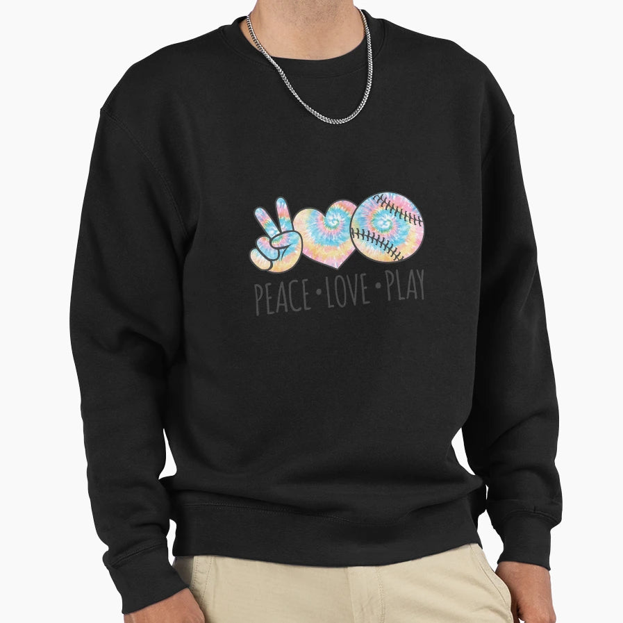 Tie Dye Softball Teen Peace Love Play Sweatshirt - Graphic Print for Adults - T-Shirt, Sweatshirt, Hoodie