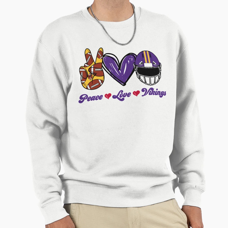 Peace Love Vikings Football Team Sweatshirt - Unique Graphic Men Women - T-Shirt, Sweatshirt, Hoodie