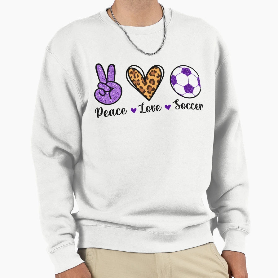 Purple Peace Love And Soccer Sweatshirt - Fun Novelty Design for Adults - T-Shirt, Sweatshirt, Hoodie