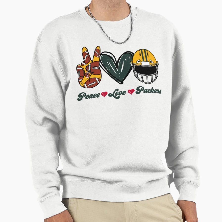 Peace Love Packers Football Team Sweatshirt - Novelty Apparel for Adults - T-Shirt, Sweatshirt, Hoodie