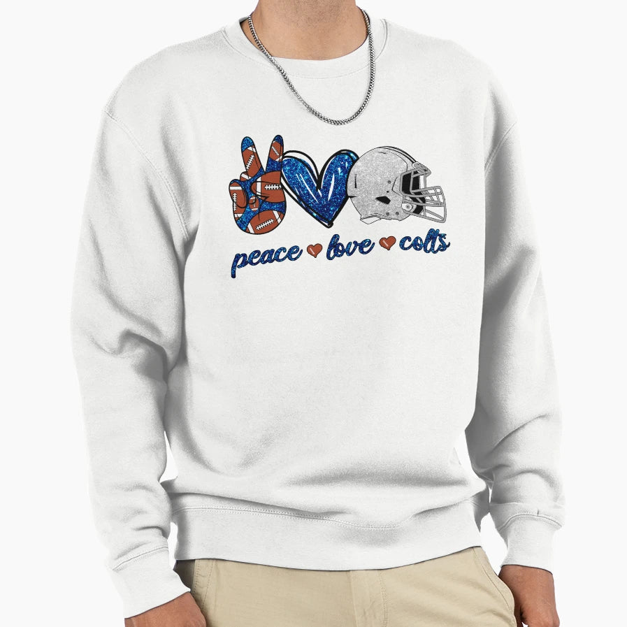 Peace Love Colts Football Team Sweatshirt - Graphic Print for Adults - T-Shirt, Sweatshirt, Hoodie