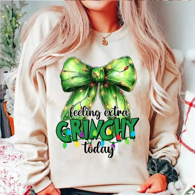 Feeling Extra Grinmas Today Grinchmas Coquette Bow - Adult & Kids T-Shirts, Sweatshirts & Hoodies apparel design preview 1