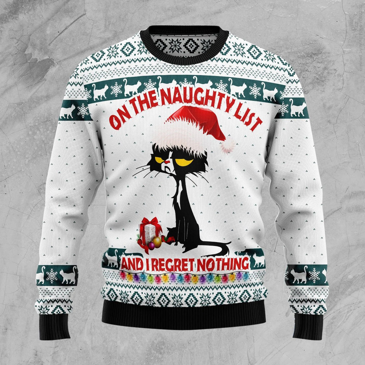 Black Cat on the naughty list and i regret nothing 3D Christmas Sweater - Holiday Gift product image