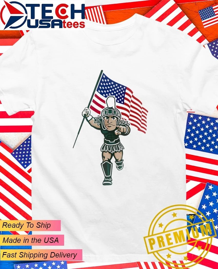 Michigan State Spartans mascot holding USA flag - Adult & Kids T-Shirts, Sweatshirts & Hoodies apparel design preview 1