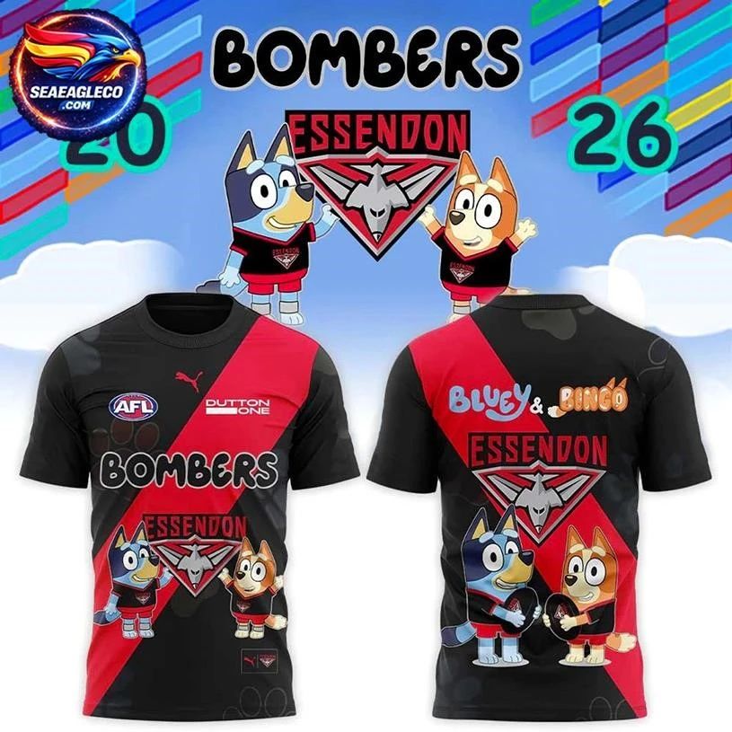Essendon Bombers ESS x Bluey and Bingo 2026 Two Sided - Adult & Kids T-Shirts, Sweatshirts & Hoodies apparel design preview 1