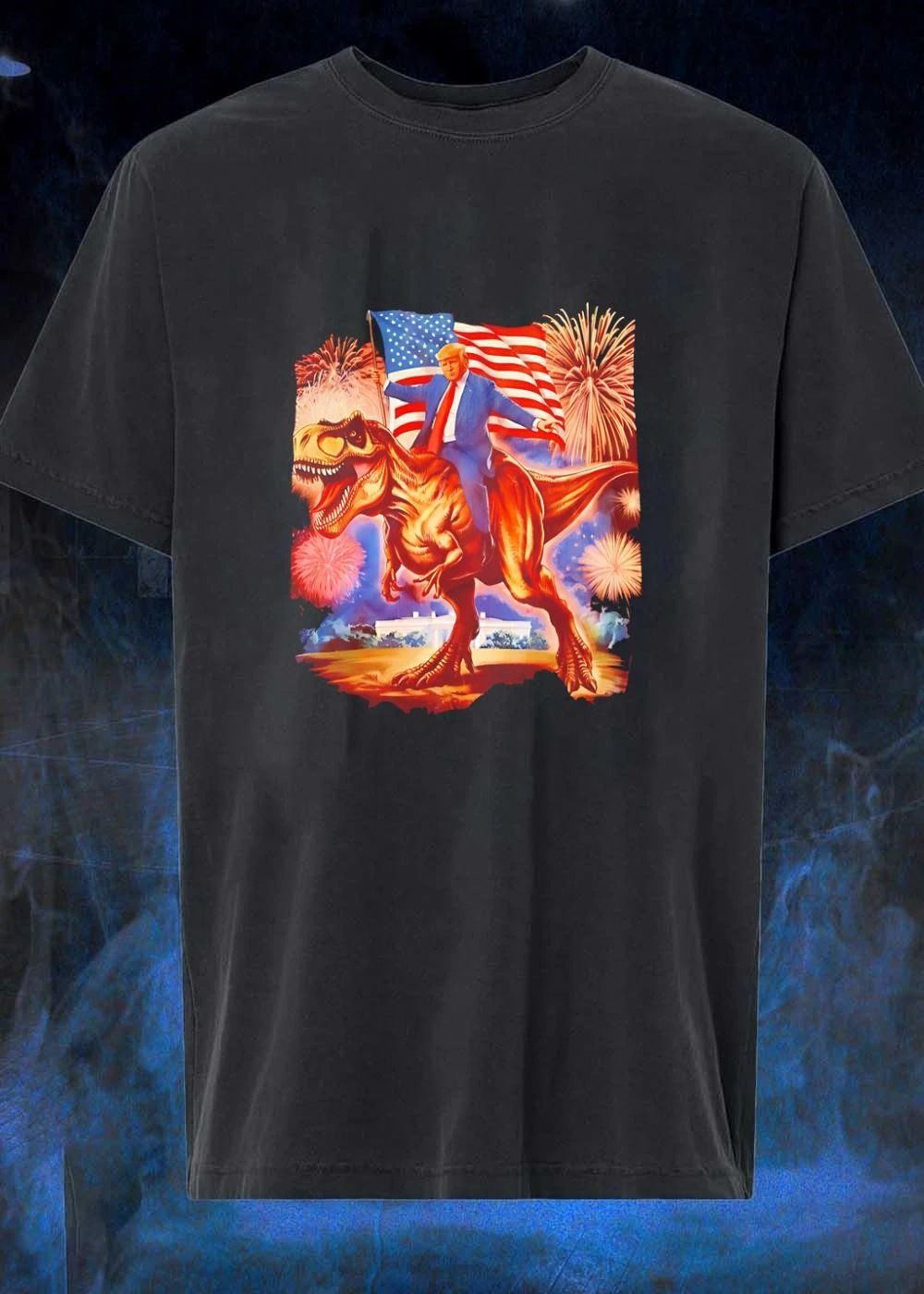 Donald Trump Riding a T-Rex American Flag Fireworks - Adult & Kids T-Shirts, Sweatshirts & Hoodies apparel design preview 1