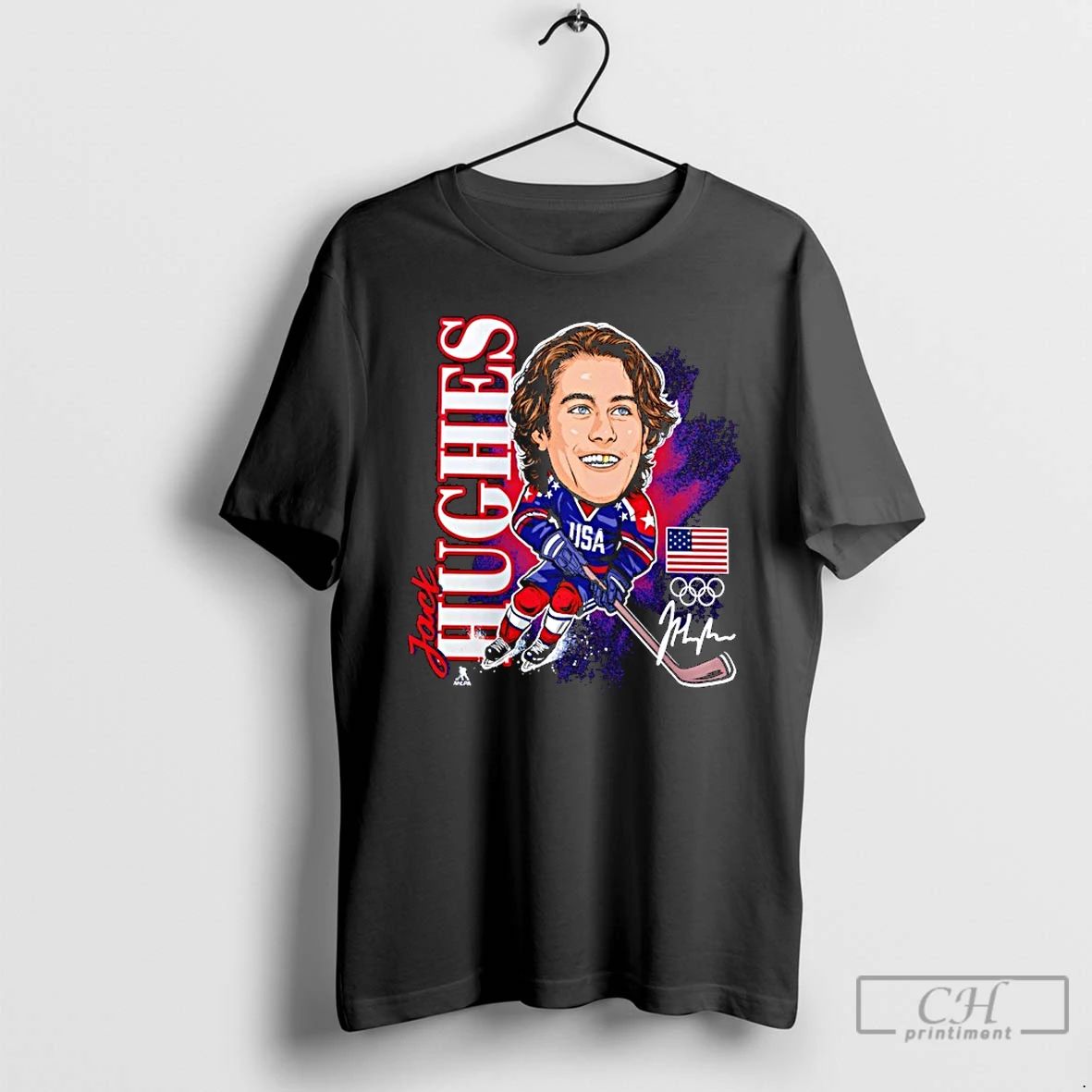 Classic Usa Hockey Jack Hughes Gold Medal Caricature - Adult & Kids T-Shirts, Sweatshirts & Hoodies apparel design preview 1