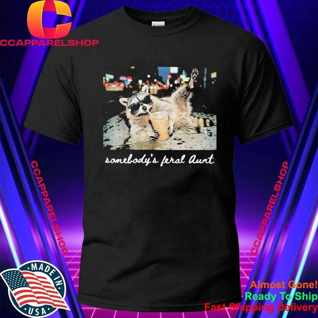 Somebody's Feral Aunt Retro Raccoon Drinking Iced - Adult & Kids T-Shirts, Sweatshirts & Hoodies apparel design preview 1