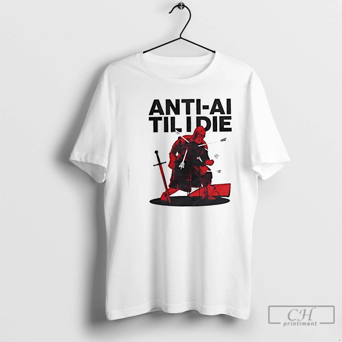Classic Anti Ai Til I Die Medieval Warrior Kneeling - Adult & Kids T-Shirts, Sweatshirts & Hoodies apparel design preview 1