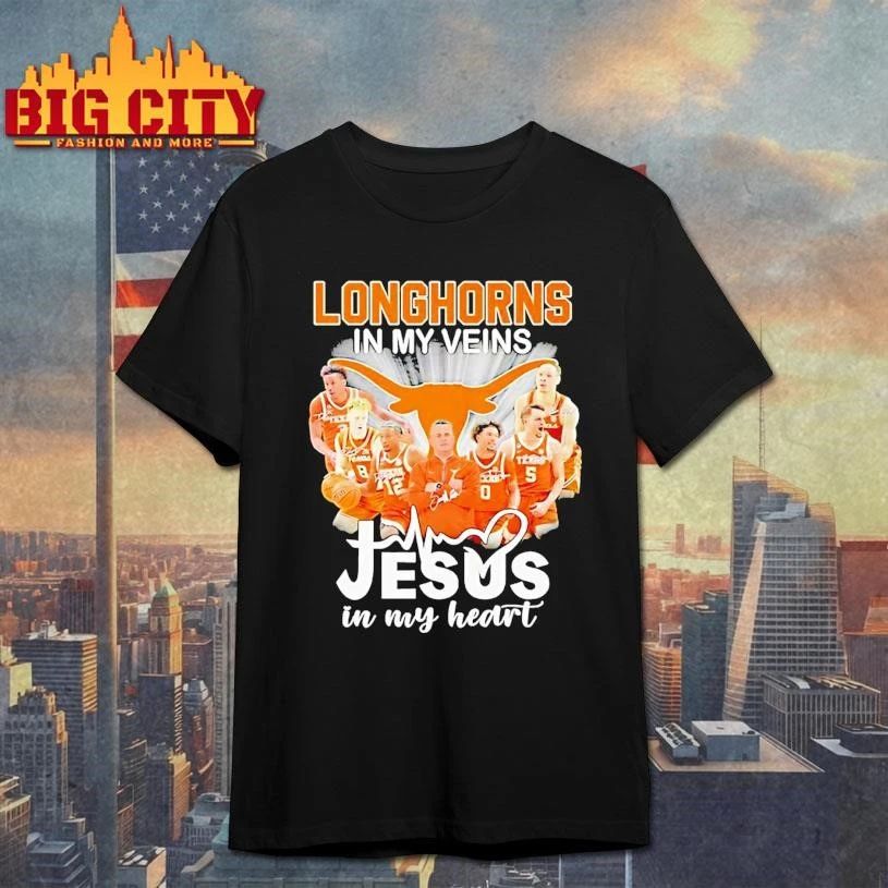 Texas Longhorns In My Veins Jesus Heart Coach And - Adult & Kids T-Shirts, Sweatshirts & Hoodies apparel design preview 1