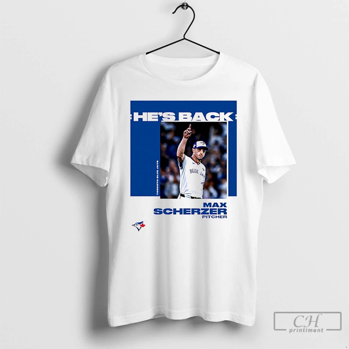 Classic Max Scherzer Toronto Blue Jays Hes Back - Adult & Kids T-Shirts, Sweatshirts & Hoodies apparel design preview 1