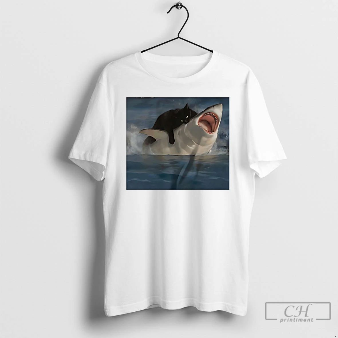 Classic Black Cat Biting Shark - Adult & Kids T-Shirts, Sweatshirts & Hoodies apparel design preview 1