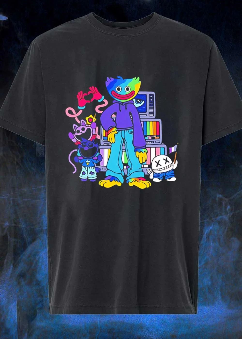 Rainbow Huggy Wuggy TV Stack and Catnap Aesthetic - Adult & Kids T-Shirts, Sweatshirts & Hoodies apparel design preview 1