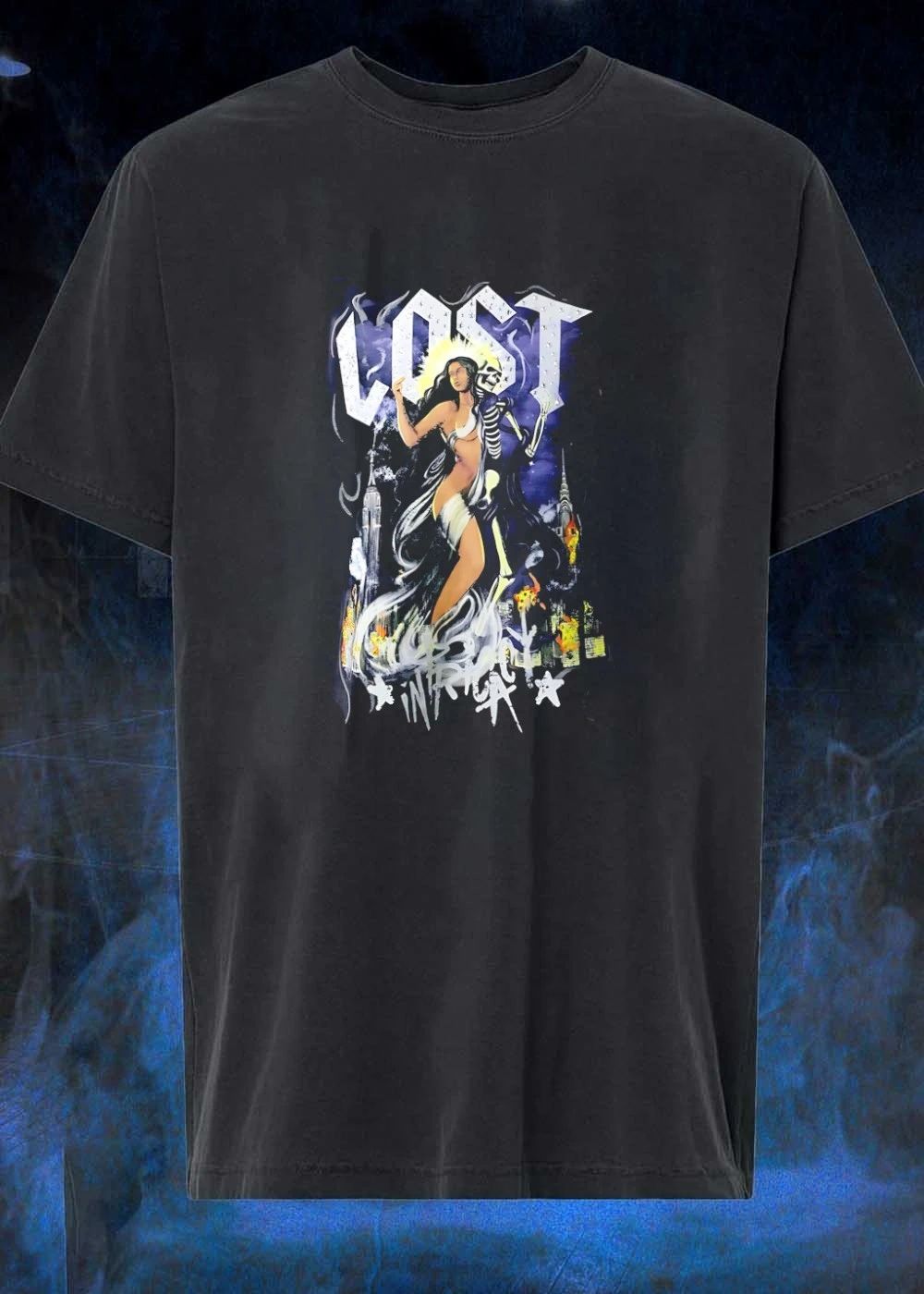 Lost goddess skeleton and city skyline - Adult & Kids T-Shirts, Sweatshirts & Hoodies apparel design preview 1
