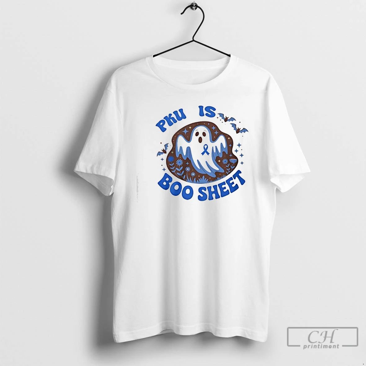 Classic Spooky Ghost And Bat Pku Is Boo Sheet Blue - Adult & Kids T-Shirts, Sweatshirts & Hoodies apparel design preview 1