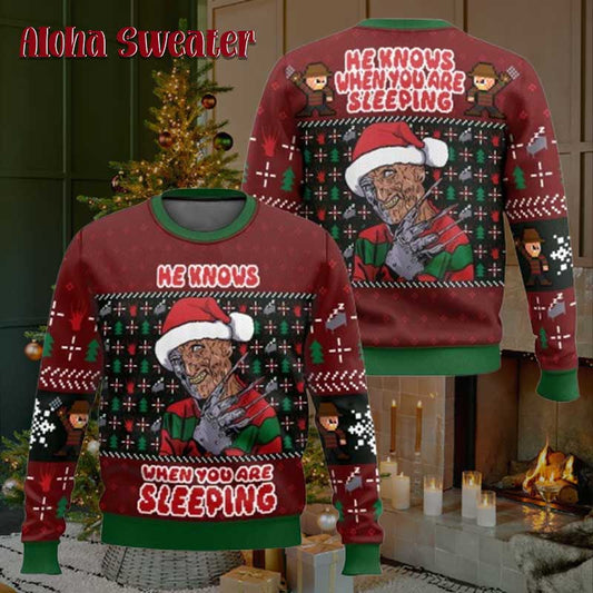 Waiting For You Sleeping Freddy Krueger Horror Ugly Christmas Sweater - Holiday Gift product image