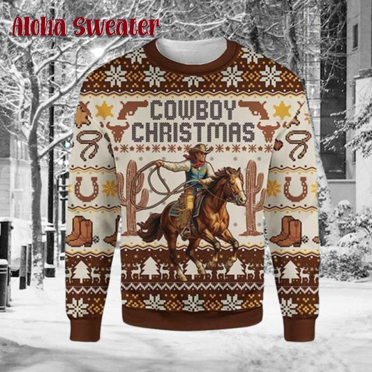 Western Holiday Rodeo Lasso Rider With Cactus And Boots Ugly Christmas Sweater - Holiday Gift product image