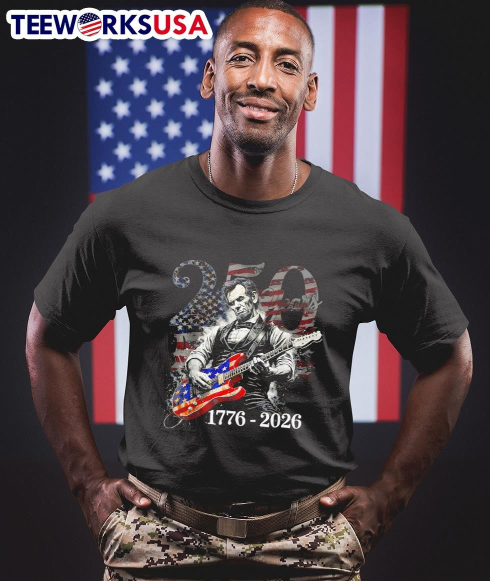 250 Years 1776 2026 Abraham Lincoln Playing Guitar - Adult & Kids T-Shirts, Sweatshirts & Hoodies apparel design preview 1